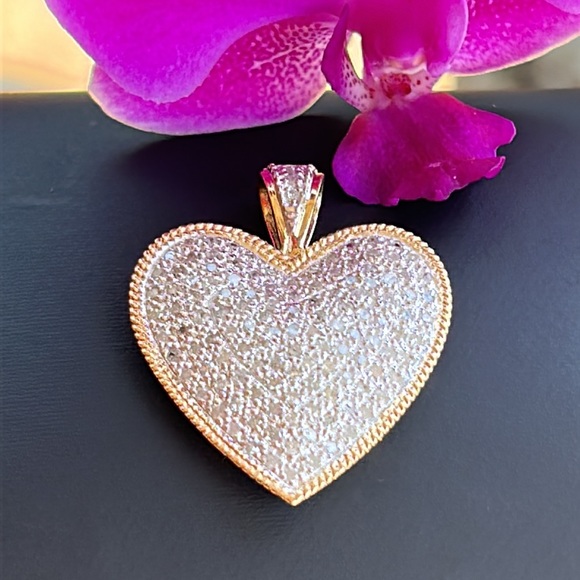 14K 2 Tone Large Diamond Heart Pendant - Picture 6 of 15